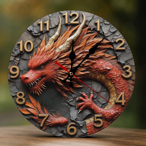 Wall Clock Decorative - Fiery Red Dragon Print 2D Vintage Wall Clocks Battery Operated Silent Non-Ticking for Bedroom, Living Room, Kitchen, Office, Classroom, 10 Inch