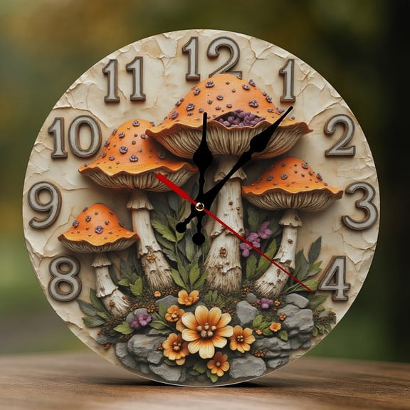 Wall Clock Decorative - Forest Mushrooms Flowers Print 2D Vintage Wall Clocks Battery Operated Silent Non-Ticking for Bedroom, Living Room, Kitchen, Office, Classroom, 10 Inch