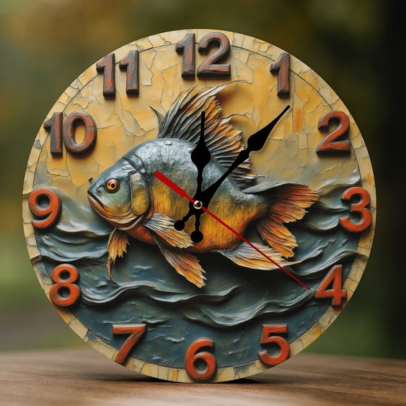 Wall Clock Decorative - Golden Fish in Waves Print 2D Vintage Wall Clocks Battery Operated Silent Non-Ticking for Bedroom, Living Room, Kitchen, Office, Classroom, 10 Inch