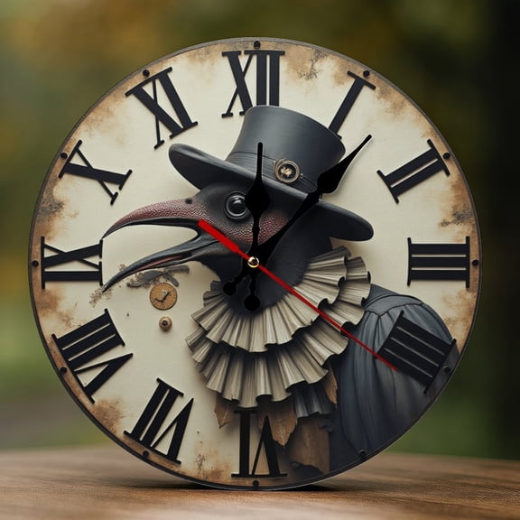 Wall Clock Decorative - Gothic Black Crow A Print 2D Vintage Wall Clocks Battery Operated Silent Non-Ticking for Bedroom, Living Room, Kitchen, Office, Classroom, 10 Inch