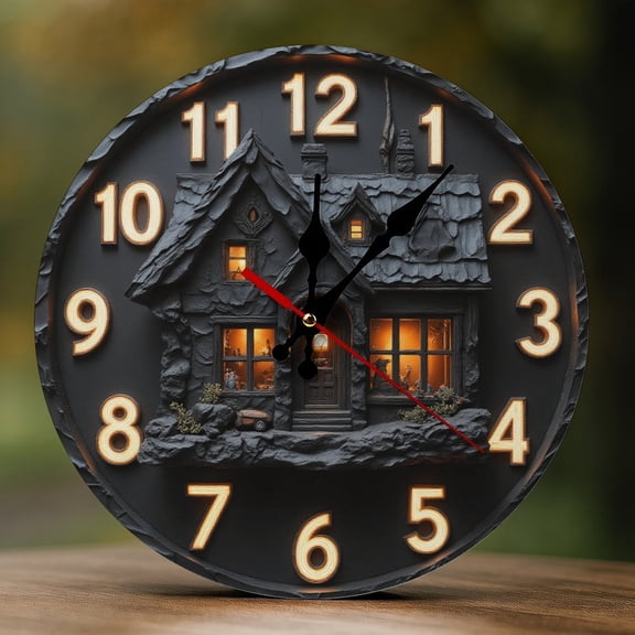 Wall Clock Decorative - Gothic Black House Print 2D Vintage Wall Clocks Battery Operated Silent Non-Ticking for Bedroom, Living Room, Kitchen, Office, Classroom, 10 Inch