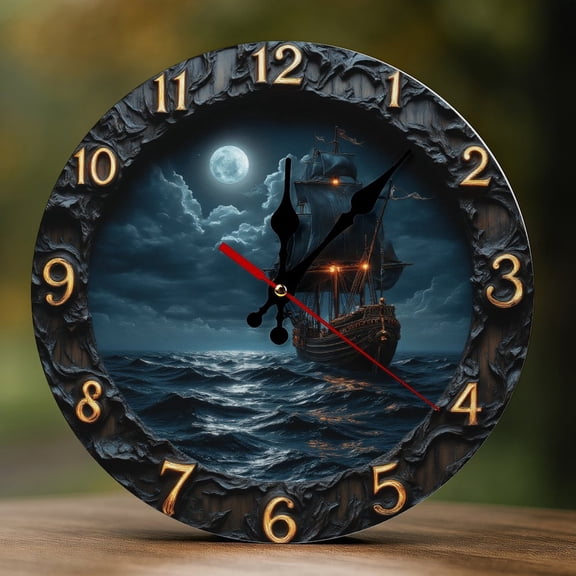 Wall Clock Decorative - Gothic Blue Ship Print 2D Vintage Wall Clocks Battery Operated Silent Non-Ticking for Bedroom, Living Room, Kitchen, Office, Classroom, 10 Inch