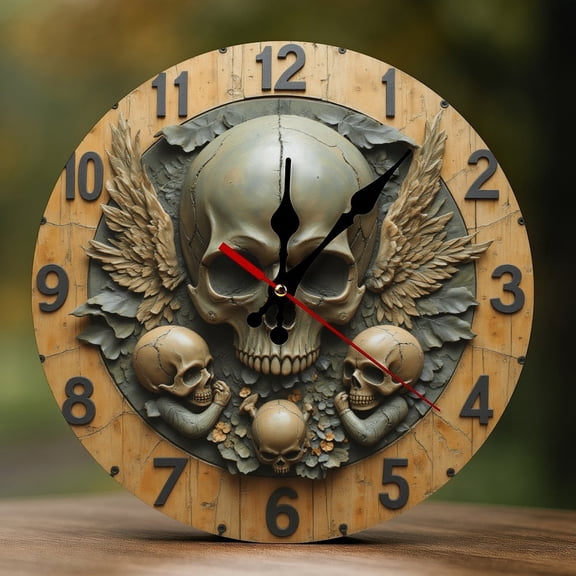 Wall Clock Decorative - Gothic Bronze Skull Wings Print 2D Vintage Wall Clocks Battery Operated Silent Non-Ticking for Bedroom, Living Room, Kitchen, Office, Classroom, 10 Inch