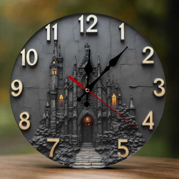 Wall Clock Decorative - Gothic Castle Gate Print 2D Vintage Wall Clocks Battery Operated Silent Non-Ticking for Bedroom, Living Room, Kitchen, Office, Classroom, 10 Inch