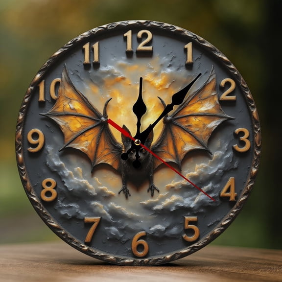Wall Clock Decorative - Gothic Orange Bat Print 2D Vintage Wall Clocks Battery Operated Silent Non-Ticking for Bedroom, Living Room, Kitchen, Office, Classroom, 10 Inch