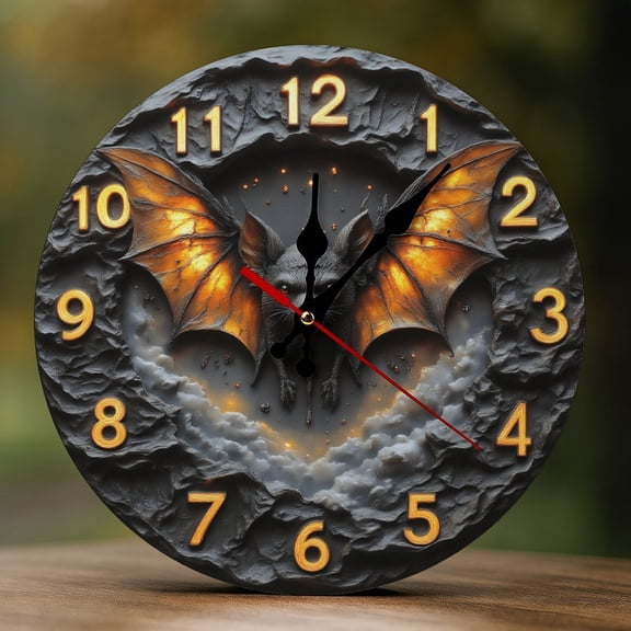 Wall Clock Decorative - Gothic Orange Bat Wings Print 2D Vintage Wall Clocks Battery Operated Silent Non-Ticking for Bedroom, Living Room, Kitchen, Office, Classroom, 10 Inch
