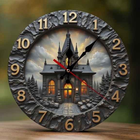 Wall Clock Decorative - Gothic Rustic House Print 2D Vintage Wall Clocks Battery Operated Silent Non-Ticking for Bedroom, Living Room, Kitchen, Office, Classroom, 10 Inch