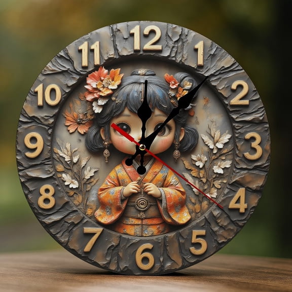 Wall Clock Decorative - Kawaii Flower Girl Print 2D Vintage Wall Clocks Battery Operated Silent Non-Ticking for Bedroom, Living Room, Kitchen, Office, Classroom, 10 Inch