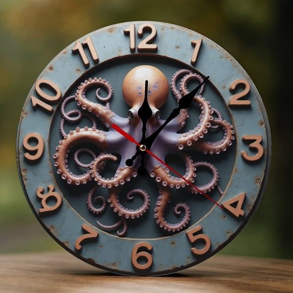 Wall Clock Decorative - Kawaii Purple Octopus Print 2D Vintage Wall Clocks Battery Operated Silent Non-Ticking for Bedroom, Living Room, Kitchen, Office, Classroom, 10 Inch