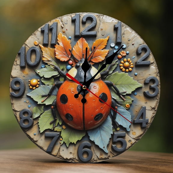 Wall Clock Decorative - Ladybug Orange Flowers Print 2D Vintage Wall Clocks Battery Operated Silent Non-Ticking for Bedroom, Living Room, Kitchen, Office, Classroom, 10 Inch
