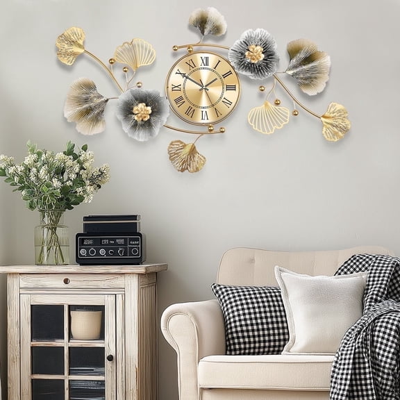 33"Large Wall Clock – 3D Metal Ginkgo Leaf Decorative Wall Clock, Non-Ticking Wall Clocks Battery Operated, Modern Clocks for Living Room, Gift-Ready for Home or Office