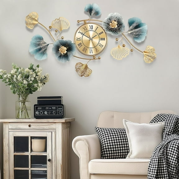 Wall Clock,Decorative Large Wall Clocks,33" Silent Non-Ticking Battery Operated Clock with 3D Ginkgo Leaf Metal Design for Living Room, Bedroom, Kitchen, or Office