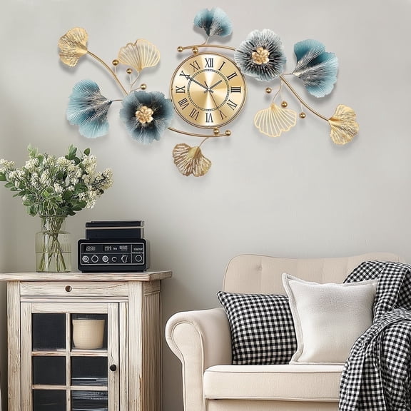36"Large Wall Clock – 3D Metal Ginkgo Leaf Decorative Wall Clock, Non-Ticking Wall Clocks Battery Operated, Modern Clocks for Living Room, Gift-Ready for Home or Office