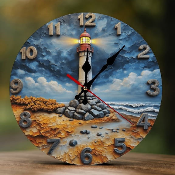 Wall Clock Decorative - Lighthouse with Sea Rocks Print 2D Vintage Wall Clocks Battery Operated Silent Non-Ticking for Bedroom, Living Room, Kitchen, Office, Classroom, 10 Inch