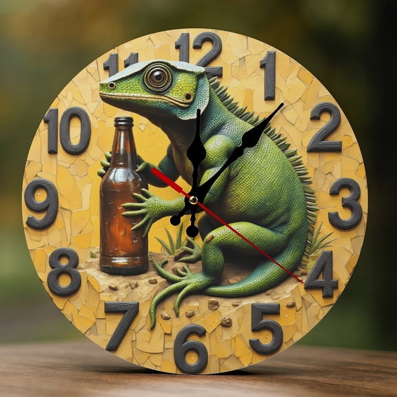 Wall Clock Decorative - Lizard Holding Bottle Print 2D Vintage Wall Clocks Battery Operated Silent Non-Ticking for Bedroom, Living Room, Kitchen, Office, Classroom, 10 Inch
