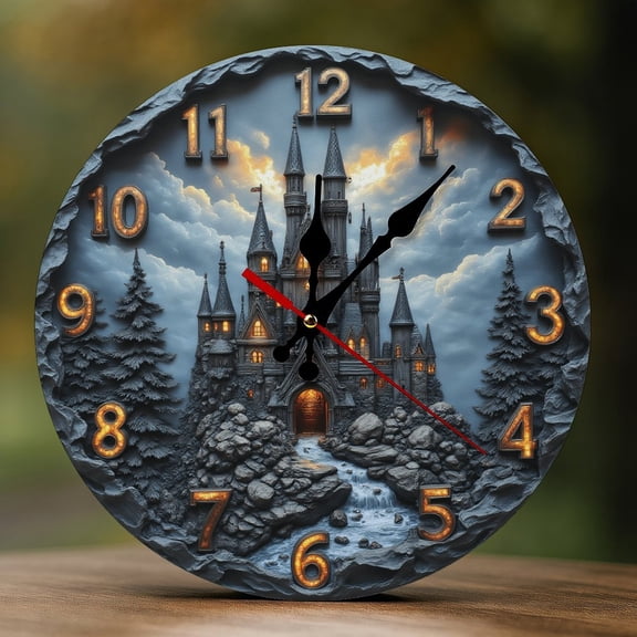 Wall Clock Decorative - Magical Gray Castle Print 2D Vintage Wall Clocks Battery Operated Silent Non-Ticking for Bedroom, Living Room, Kitchen, Office, Classroom, 10 Inch