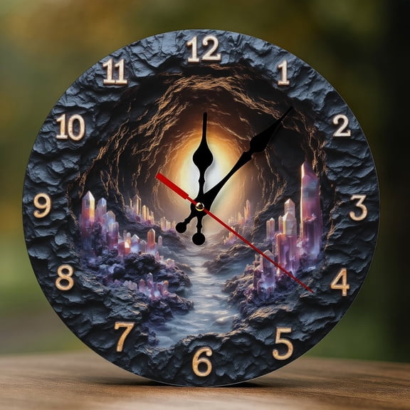 Wall Clock Decorative - Magical Purple Crystal Cave Print 2D Vintage Wall Clocks Battery Operated Silent Non-Ticking for Bedroom, Living Room, Kitchen, Office, Classroom, 10 Inch