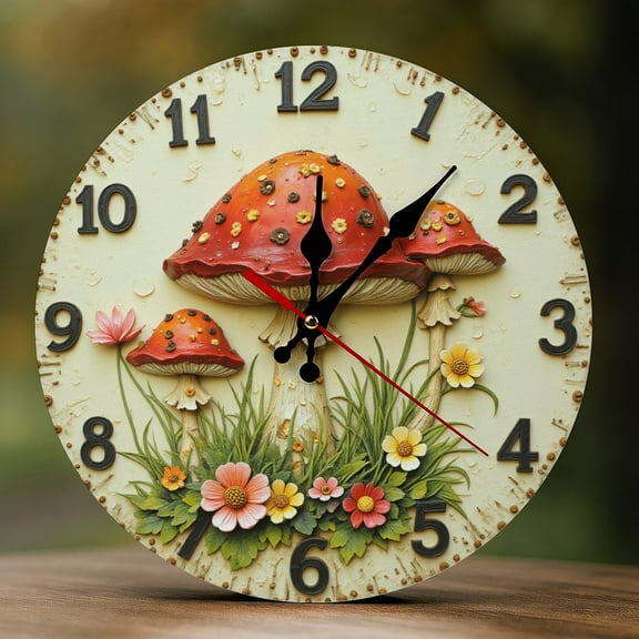 Wall Clock Decorative - Mushroom Garden Flowers Print 2D Vintage Wall Clocks Battery Operated Silent Non-Ticking for Bedroom, Living Room, Kitchen, Office, Classroom, 10 Inch
