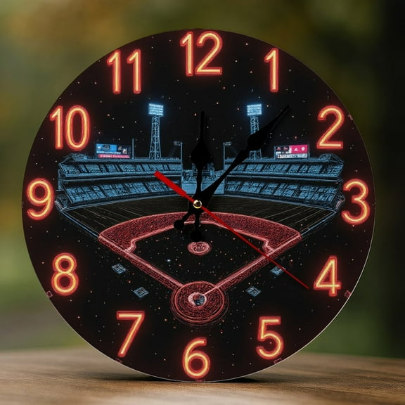 Wall Clock Decorative - Neon Baseball Stadium Night Print 2D Vintage Wall Clocks Battery Operated Silent Non-Ticking for Bedroom, Living Room, Kitchen, Office, Classroom, 10 Inch