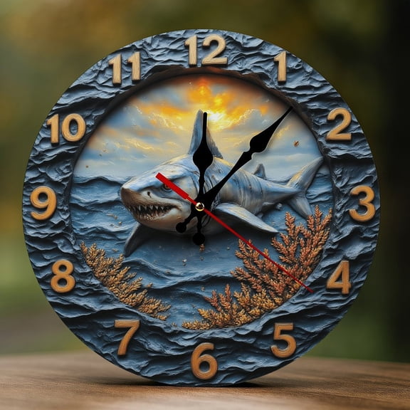 Wall Clock Decorative - Ocean Shark Sunset Print 2D Vintage Wall Clocks Battery Operated Silent Non-Ticking for Bedroom, Living Room, Kitchen, Office, Classroom, 10 Inch