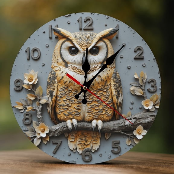 Wall Clock Decorative - Owl with Blossoms Print 2D Vintage Wall Clocks Battery Operated Silent Non-Ticking for Bedroom, Living Room, Kitchen, Office, Classroom, 10 Inch