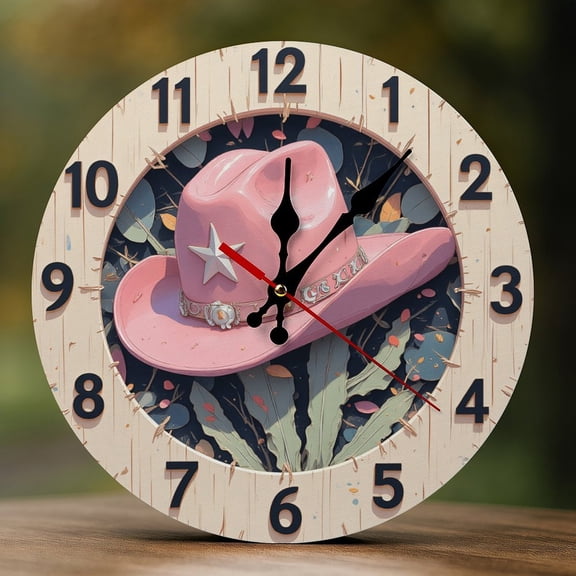 Wall Clock Decorative - Pink Cowboy Hat Print 2D Vintage Wall Clocks Battery Operated Silent Non-Ticking for Bedroom, Living Room, Kitchen, Office, Classroom, 10 Inch