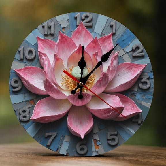 Wall Clock Decorative - Pink Lotus Flower Print 2D Vintage Wall Clocks Battery Operated Silent Non-Ticking for Bedroom, Living Room, Kitchen, Office, Classroom, 10 Inch
