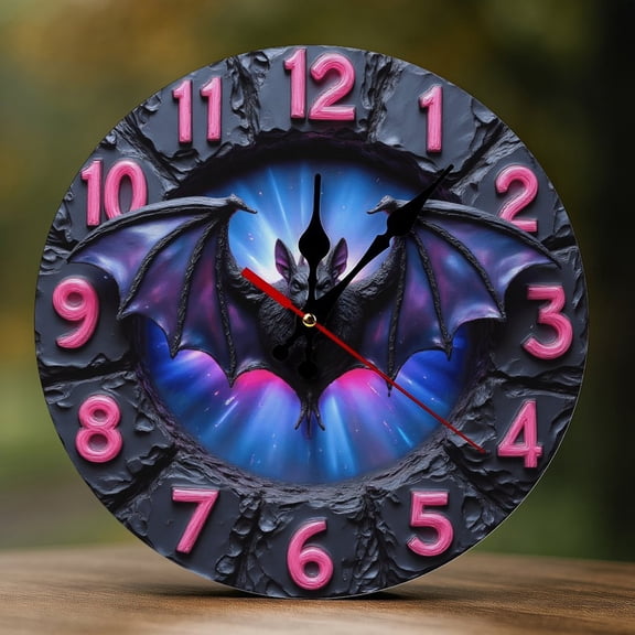 Wall Clock Decorative - Purple Bat Night Print 2D Vintage Wall Clocks Battery Operated Silent Non-Ticking for Bedroom, Living Room, Kitchen, Office, Classroom, 10 Inch