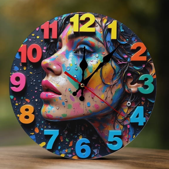 Wall Clock Decorative - Rainbow Graffiti Women Print 2D Vintage Wall Clocks Battery Operated Silent Non-Ticking for Bedroom, Living Room, Kitchen, Office, Classroom, 10 Inch