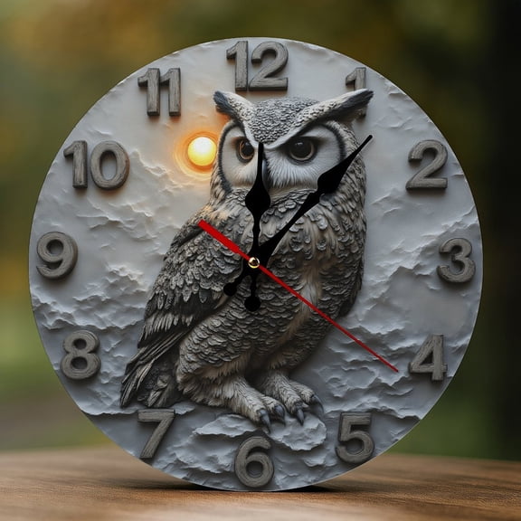 Wall Clock Decorative - Realistic Owl Moonlight Print 2D Vintage Wall Clocks Battery Operated Silent Non-Ticking for Bedroom, Living Room, Kitchen, Office, Classroom, 10 Inch