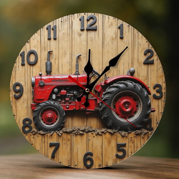 Wall Clock Decorative - Red Tractor on Wood Print 2D Vintage Wall Clocks Battery Operated Silent Non-Ticking for Bedroom, Living Room, Kitchen, Office, Classroom, 10 Inch