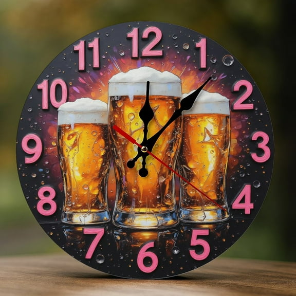 Wall Clock Decorative - Retro Amber Beer Glasses Print 2D Vintage Wall Clocks Battery Operated Silent Non-Ticking for Bedroom, Living Room, Kitchen, Office, Classroom, 10 Inch