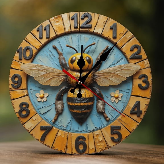 Wall Clock Decorative - Retro Bee on Wood Print 2D Vintage Wall Clocks Battery Operated Silent Non-Ticking for Bedroom, Living Room, Kitchen, Office, Classroom, 10 Inch
