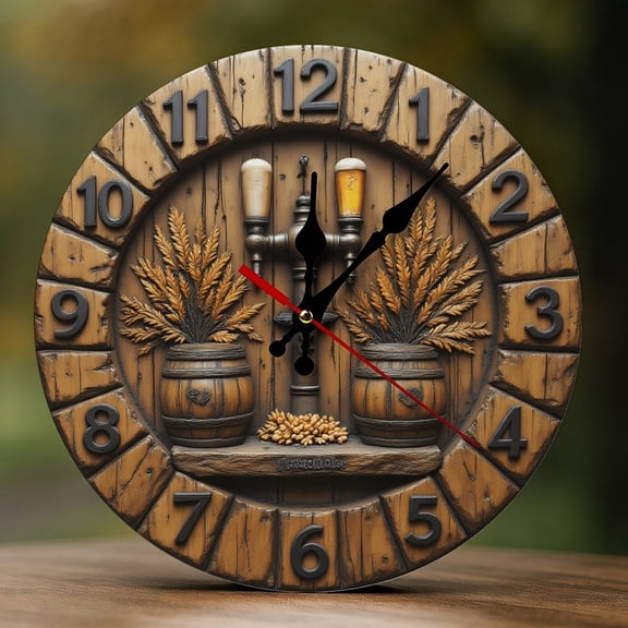 Wall Clock Decorative - Retro Beer Barrel Print 2D Vintage Wall Clocks Battery Operated Silent Non-Ticking for Bedroom, Living Room, Kitchen, Office, Classroom, 10 Inch