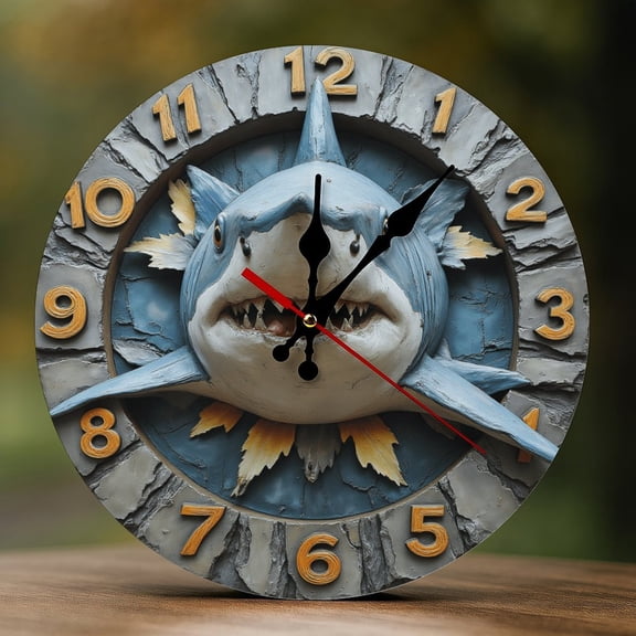 Wall Clock Decorative - Retro Blue Shark Print 2D Vintage Wall Clocks Battery Operated Silent Non-Ticking for Bedroom, Living Room, Kitchen, Office, Classroom, 10 Inch