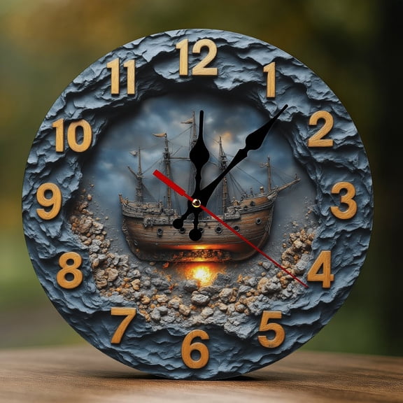 Wall Clock Decorative - Retro Boat Print 2D Vintage Wall Clocks Battery Operated Silent Non-Ticking for Bedroom, Living Room, Kitchen, Office, Classroom, 10 Inch