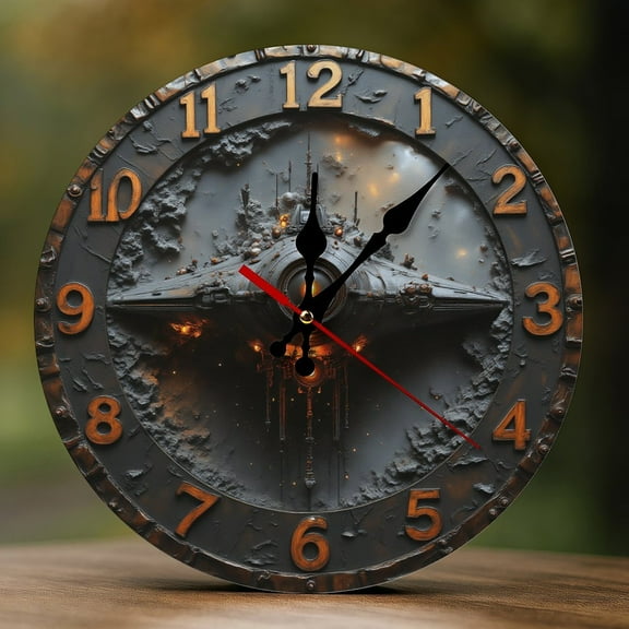 Wall Clock Decorative - Retro Bronze Spaceship Print 2D Vintage Wall Clocks Battery Operated Silent Non-Ticking for Bedroom, Living Room, Kitchen, Office, Classroom, 10 Inch