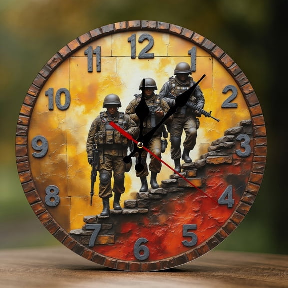 Wall Clock Decorative - Retro Brown Soldiers Print 2D Vintage Wall Clocks Battery Operated Silent Non-Ticking for Bedroom, Living Room, Kitchen, Office, Classroom, 10 Inch