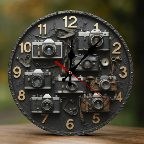 Wall Clock Decorative - Retro Camera Print 2D Vintage Wall Clocks Battery Operated Silent Non-Ticking for Bedroom, Living Room, Kitchen, Office, Classroom, 10 Inch