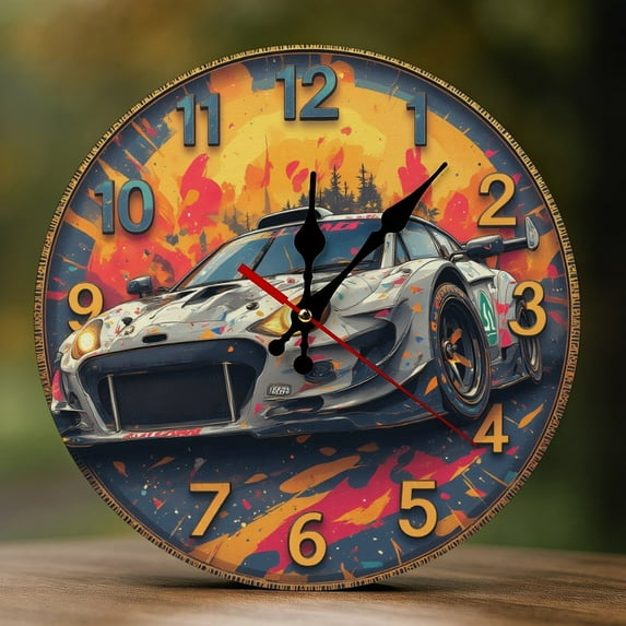 Wall Clock Decorative - Retro Colorful Race Car Print 2D Vintage Wall Clocks Battery Operated Silent Non-Ticking for Bedroom, Living Room, Kitchen, Office, Classroom, 10 Inch