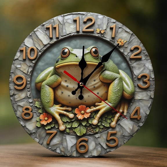 Wall Clock Decorative - Retro Green Frog Print 2D Vintage Wall Clocks Battery Operated Silent Non-Ticking for Bedroom, Living Room, Kitchen, Office, Classroom, 10 Inch