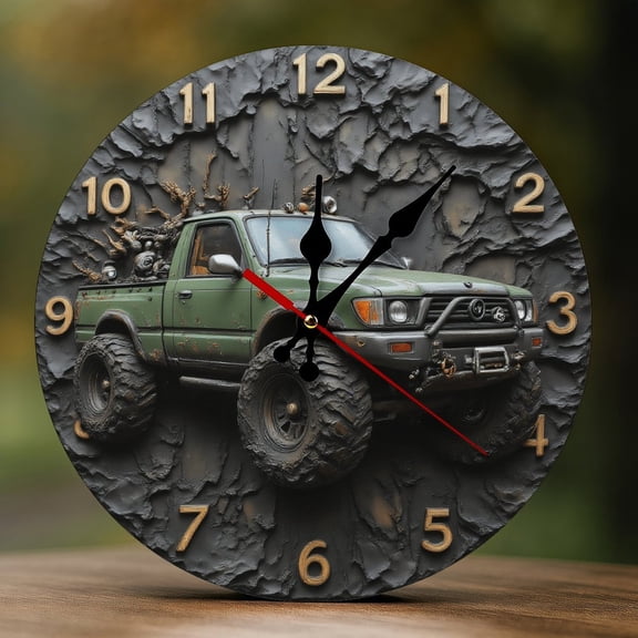 Wall Clock Decorative - Retro Green Truck Print 2D Vintage Wall Clocks Battery Operated Silent Non-Ticking for Bedroom, Living Room, Kitchen, Office, Classroom, 10 Inch