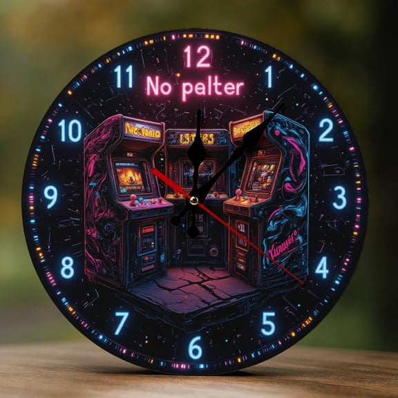 Wall Clock Decorative - Retro Neon Arcade B Print 2D Vintage Wall Clocks Battery Operated Silent Non-Ticking for Bedroom, Living Room, Kitchen, Office, Classroom, 10 Inch