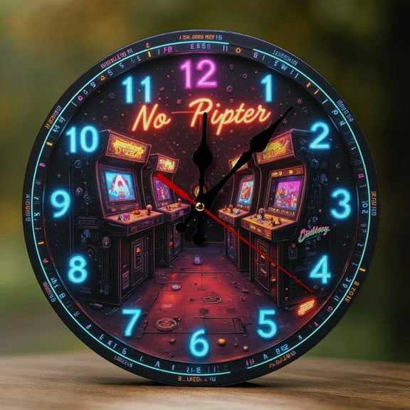 Wall Clock Decorative - Retro Neon Arcade A Print 2D Vintage Wall Clocks Battery Operated Silent Non-Ticking for Bedroom, Living Room, Kitchen, Office, Classroom, 10 Inch
