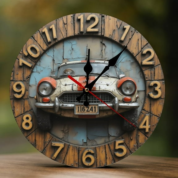 Wall Clock Decorative - Retro Orange Car-A Print 2D Vintage Wall Clocks Battery Operated Silent Non-Ticking for Bedroom, Living Room, Kitchen, Office, Classroom, 10 Inch