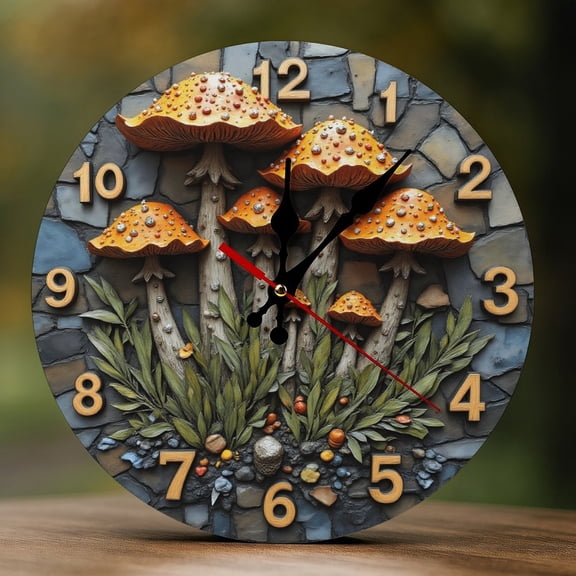Wall Clock Decorative - Retro Orange Mushroom-A Print 2D Vintage Wall Clocks Battery Operated Silent Non-Ticking for Bedroom, Living Room, Kitchen, Office, Classroom, 10 Inch