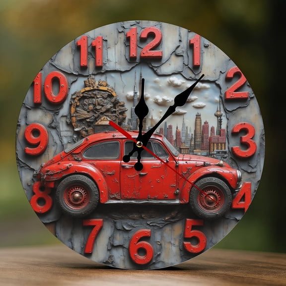 Wall Clock Decorative - Retro Red Car City Print 2D Vintage Wall Clocks Battery Operated Silent Non-Ticking for Bedroom, Living Room, Kitchen, Office, Classroom, 10 Inch