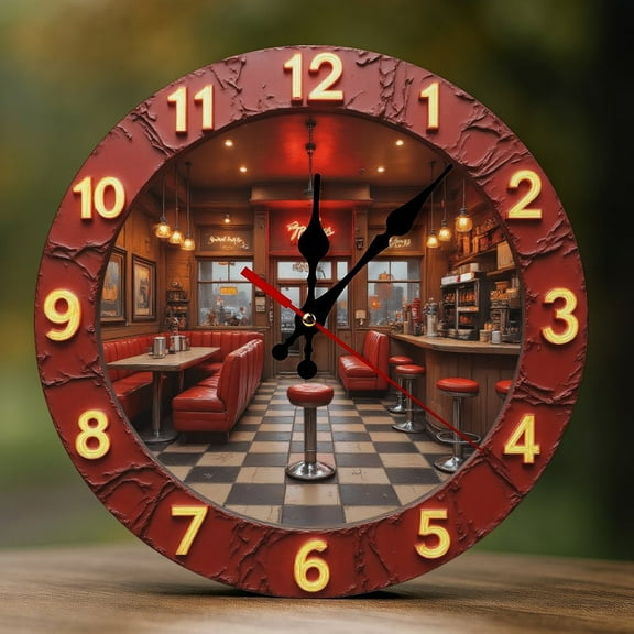 Wall Clock Decorative - Retro Red Diner Print 2D Vintage Wall Clocks Battery Operated Silent Non-Ticking for Bedroom, Living Room, Kitchen, Office, Classroom, 10 Inch