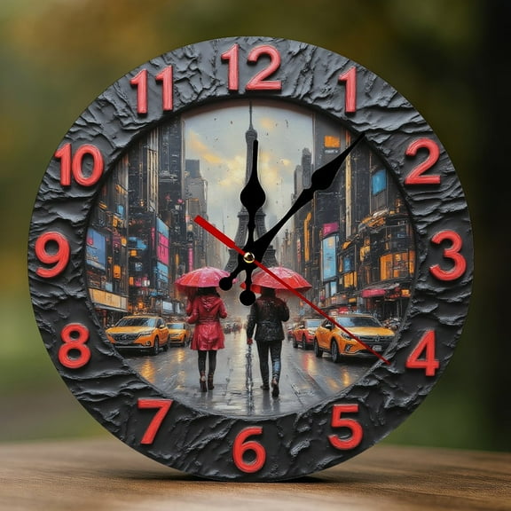 Wall Clock Decorative - Retro Red Paris Stroll Print 2D Vintage Wall Clocks Battery Operated Silent Non-Ticking for Bedroom, Living Room, Kitchen, Office, Classroom, 10 Inch
