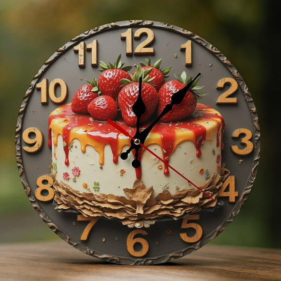 Wall Clock Decorative - Retro Strawberry Cake Print 2D Vintage Wall Clocks Battery Operated Silent Non-Ticking for Bedroom, Living Room, Kitchen, Office, Classroom, 10 Inch